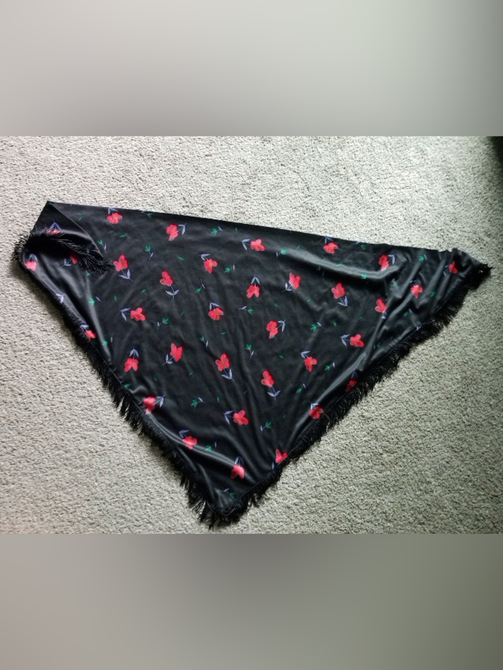 Black Floral Triangle Scarf with Fringe - Women's Accessory